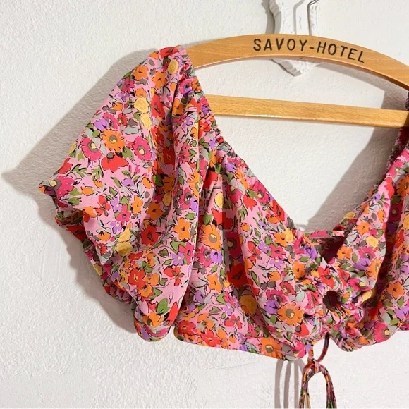Wild Fable Women's Large Pink Floral Puff Sleeve Sweetheart Neckline Crop Top - Picture 2 of 5